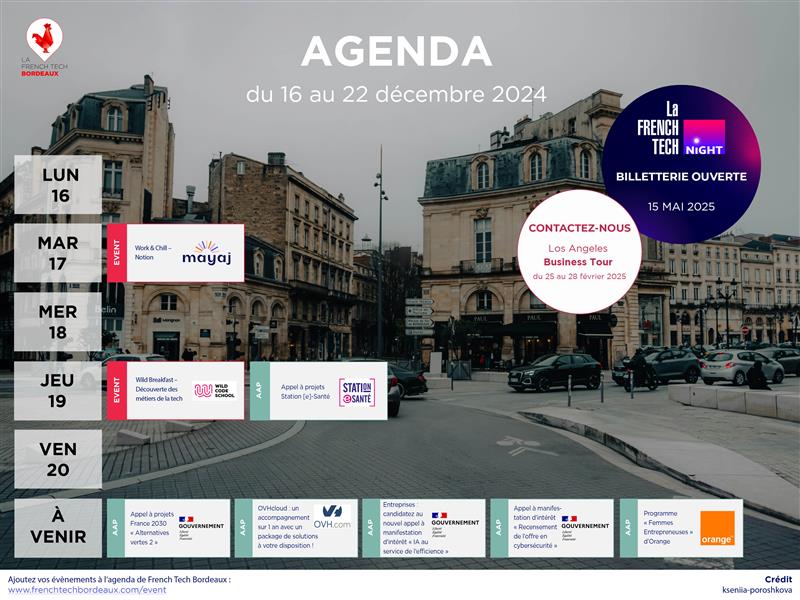 French Tech Bordeaux (@frenchtechbdx) on Twitter photo 📆 Vos événements #FrenchTech #Bordeaux de la semaine avec Mayaj, <a href="/WildCodeSchool/">Wild Code School</a>, <a href="/station_e_sante/">Station E-Santé</a>... 🙏
À venir : AAP #France2030, <a href="/OVHcloud_FR/">OVHcloud France</a>, <a href="/orange/">Orange</a>, AMI "Recensement de l'offre en cybersécurité", AMI "IA au service de l'efficience"
L'agenda 👉 lc.cx/4uJiI51T4AR 📆 Vos événements #FrenchTech #Bordeaux de la semaine avec Mayaj, <a href="/WildCodeSchool/">Wild Code School</a>, <a href="/station_e_sante/">Station E-Santé</a>... 🙏
À venir : AAP #France2030, <a href="/OVHcloud_FR/">OVHcloud France</a>, <a href="/orange/">Orange</a>, AMI "Recensement de l'offre en cybersécurité", AMI "IA au service de l'efficience"
L'agenda 👉 lc.cx/4uJiI51T4AR