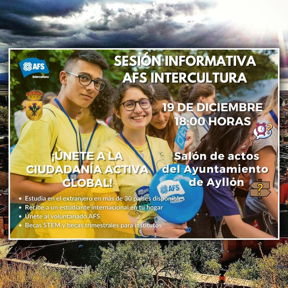 ℹ️ Sesión informativa AFS Intercultura

El jueves 19/12 tendrá lugar en el Salón de Actos una sesión informativa de AFS Intercultura a las 18h, haciendo un llamamiento a participar en la ciudadanía activa global, bien saliendo a buscarlo o recibiéndolo en tu casa.