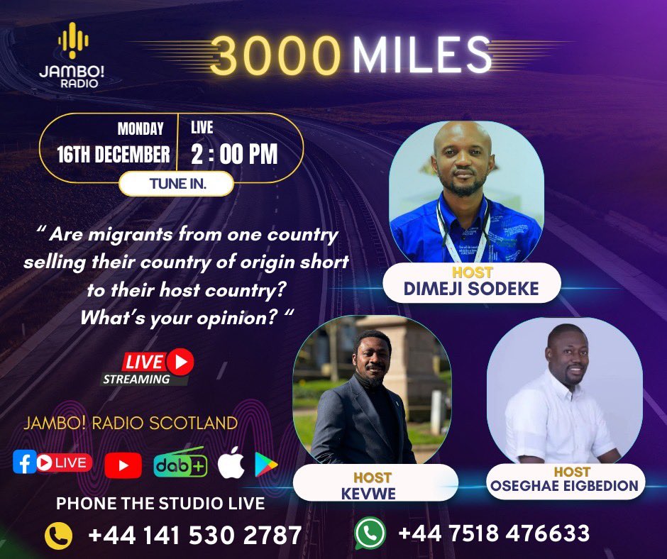 🌍 Are migrants selling their country of origin short to their host country?

🎙️ Tune in on Jambo! Radio Scotland – Let’s hear your opinion!
📞 Call the studio live:
+44 141 530 2787
WhatsApp: +44 7518 476633