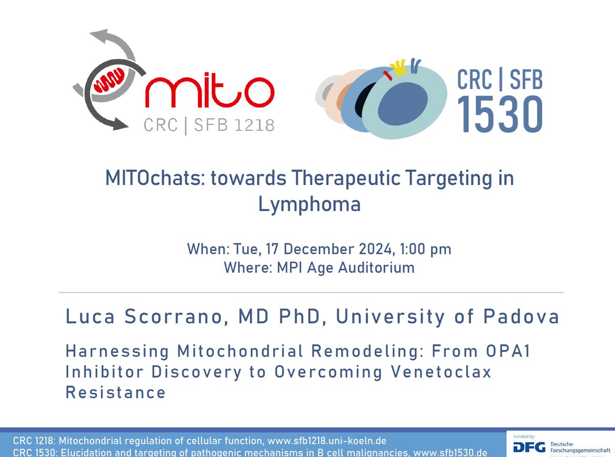 CRC_1218 (@crc_1218) on Twitter photo 📢 Exciting news! Tomorrow, mitochondrial expert Luca Scorrano <a href="/LabScorrano/">The ScorranoLab</a> joins us as a shared guest of CRC 1218 & CRC 1530 to share his insights on Mitochondrial Remodelling in overcoming Venetoclax resistance. Don't miss out! 🧬✨
#MitoResearch #ScienceCollab 📢 Exciting news! Tomorrow, mitochondrial expert Luca Scorrano <a href="/LabScorrano/">The ScorranoLab</a> joins us as a shared guest of CRC 1218 & CRC 1530 to share his insights on Mitochondrial Remodelling in overcoming Venetoclax resistance. Don't miss out! 🧬✨
#MitoResearch #ScienceCollab