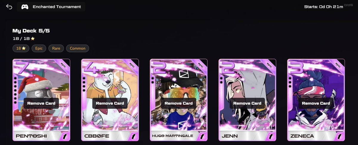 yeez_er's tweet image. Running this @fantasy_top_  deck for the Enchanted Tournament on @huddle_wtf as a side quest while my cards farm Main30 in parallel 🧠

- 18 Star limit - Epic, Rare Common
- Ends in 24 hours
- 2500 Blast Gold Rewards
- 35000 huddle points

Have a good feeling about this one 🔥