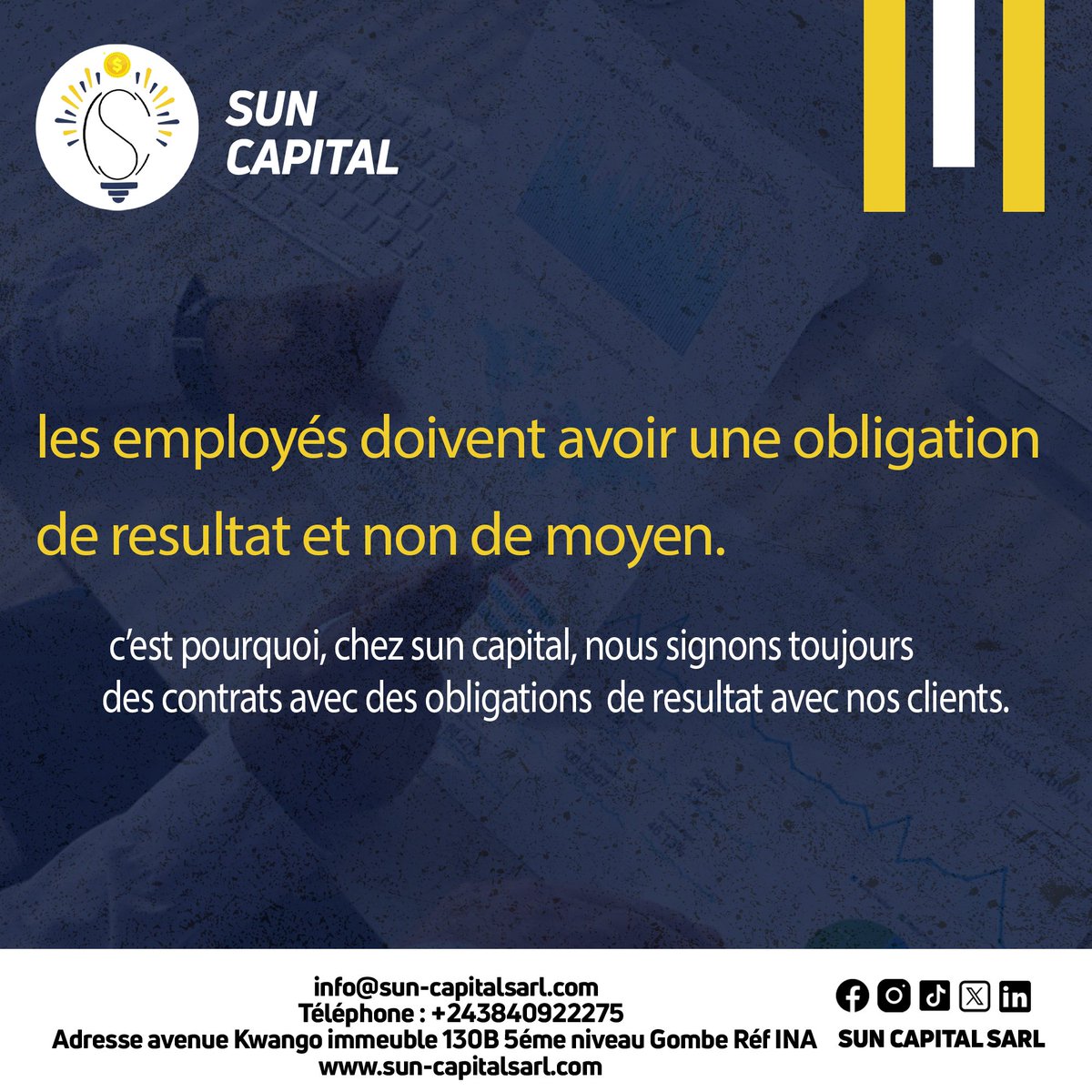 suncapitalsarl's tweet photo. L'obligation de résultat est au cœur de notre mission chez sun capital.
Travaillons ensemble pour atteindre vos objectifs !
#obligationderésultat, #entreprise #entrepreneur #gestionfinanciere, #ceomindset https://t.co/1VZ5fa62kW