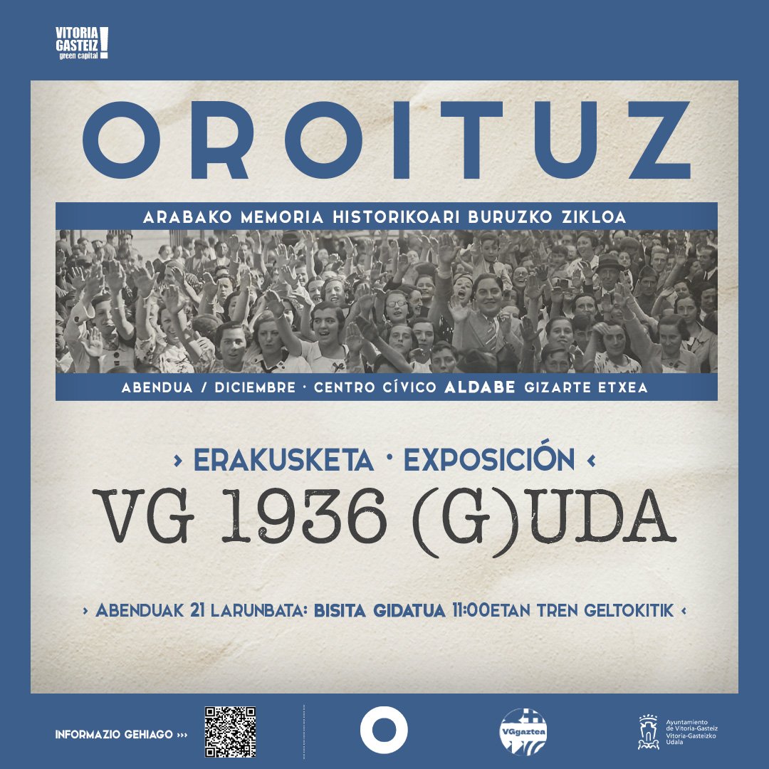 oroituz's tweet photo. AZKEN TXANPA!

Aste honetan pare bat ekintza ditugu:

🔵Asteazkenean (A-18) @Etxahun_-en hitzaldia: "Arabarrak nazismoaren kontzentrazio-esparruetan".

🔵Eta larunbatean (A-21) Gasteizko erdigunetik bisita gidatua @VG_1936 kolektiboaren eskutik 11:00etan, tren geltokitik. https://t.co/UPgHo1ONNW