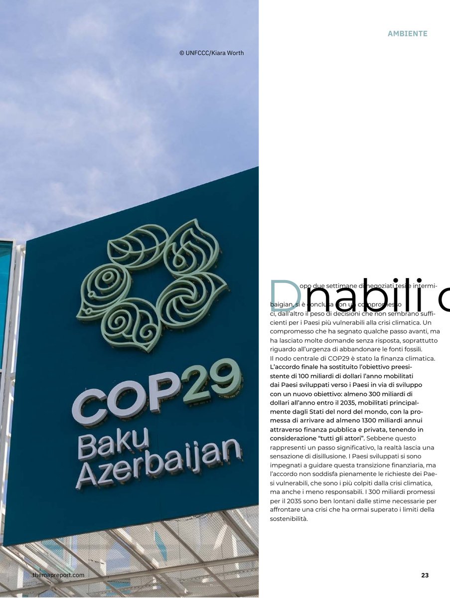 The_Map_Report (@themapreport1) on Twitter photo La #COP29 che si è chiusa il 24 novembre scorso a Baku segna alcuni passi avanti, ma la mancanza di azioni concrete per la decarbonizzazione mette in dubbio il futuro
🖊️ di <a href="/ItalianClimate/">Italian Climate Network</a>
sfogliami.it/fl/304928/dtrn…
#finanzaclimatica La #COP29 che si è chiusa il 24 novembre scorso a Baku segna alcuni passi avanti, ma la mancanza di azioni concrete per la decarbonizzazione mette in dubbio il futuro
🖊️ di <a href="/ItalianClimate/">Italian Climate Network</a>
sfogliami.it/fl/304928/dtrn…
#finanzaclimatica