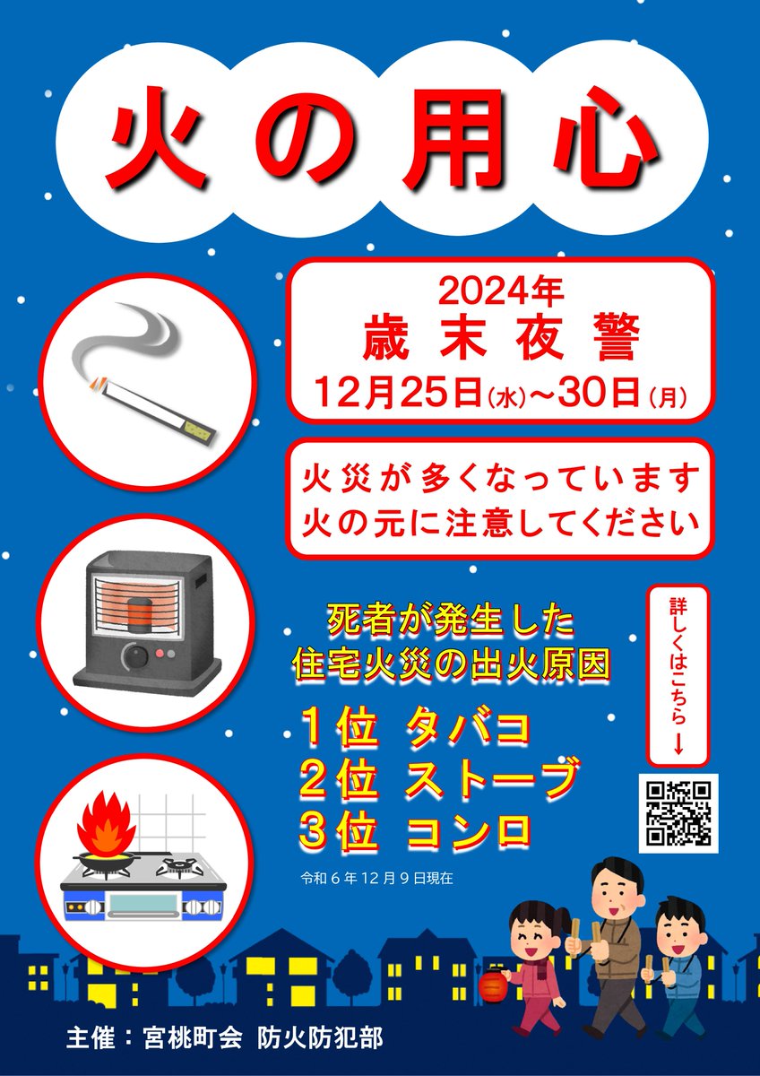 miyamomo_chokai's tweet image. 12月25日(水)〜30日(月)の毎夜20時〜 恒例の歳末夜警を実施いたします。
火災の原因の上位は「タバコ、ストーブ、コンロ」です。くれぐれも火の元にご注意ください。
歳末夜警など詳しくはこちら↓
bit.ly/2ZZql7W#yakei