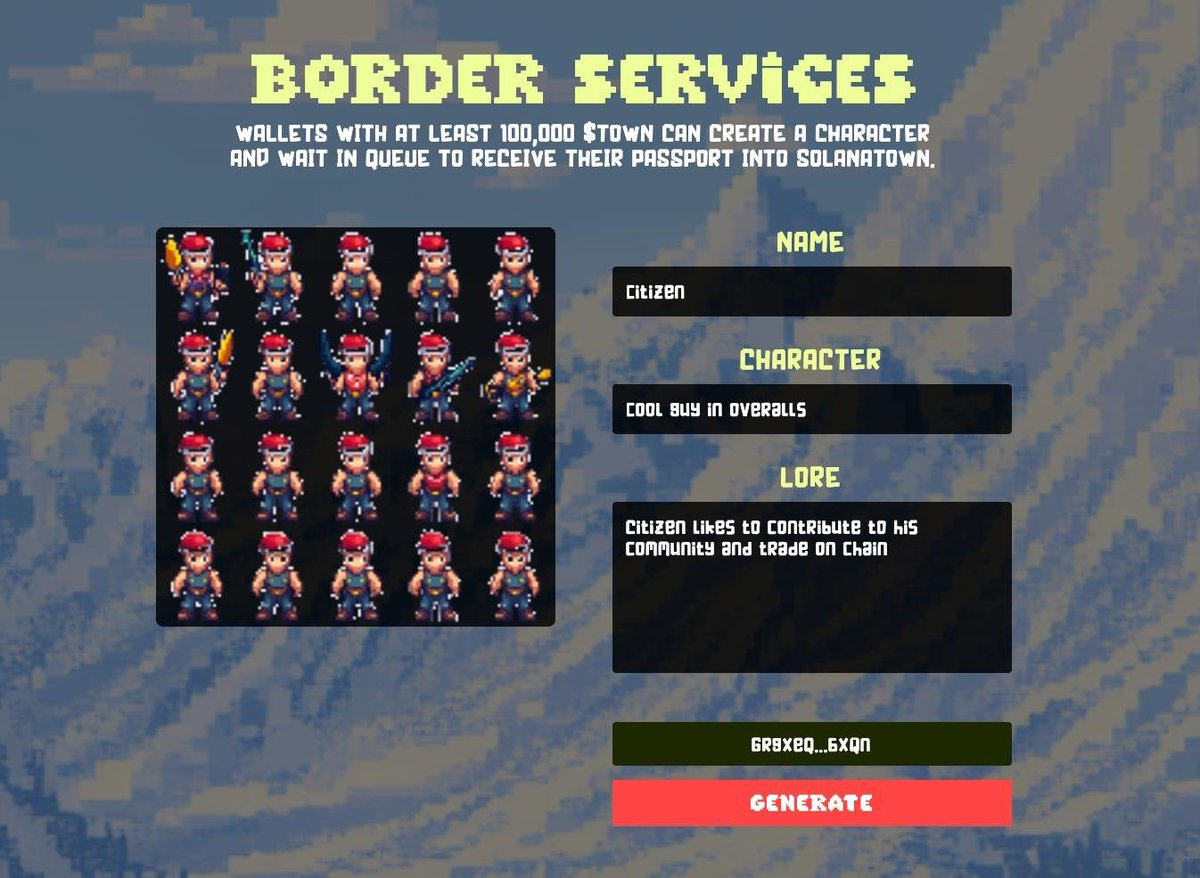 soltownfun's tweet photo. How to create your character?

On our create page, you'll find our Border Services

This is where you enter a name, character, and identity

We built a custom model that generates a pixel sprite of your character thats compatible to be automatically added in-game 👾 https://t.co/ee9vPD3SxV