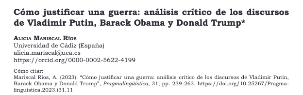 Pragmaling's tweet photo. Los discursos de Putin, Obama y Trump en torno a la guerra se analizan, desde el análisis crítico del discurso,  en este artículo de Alicia Mariscal (@univcadiz, @ila_uca), publicado en en Pragmalingüística (31, 2023).

https://t.co/HuIQRSSugY https://t.co/3P7PCAmAc9