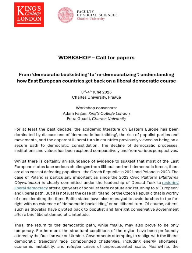 EEPolitics's tweet photo. 💥WORKSHOP CFP: "From ‘democratic backsliding’ to ‘re-democratizing’: understanding how East European countries get back on a liberal democratic course" 3-4 June 2025 Charles University, Prague👉Special Issue for @EEPolitics 📑 @AdamFagan24 @PetraGuasti https://t.co/FfSpOiWdZY