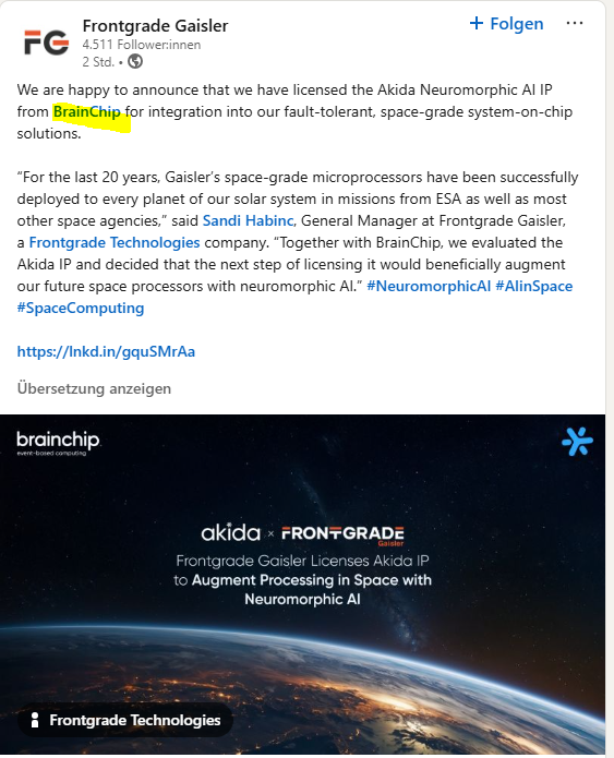 MIAM_Schwan's tweet photo. Augment Processing in Space with Neuromorphic AI
After Ant61 Akida will be flying into orbit again. Now with Frontgrade Gaisler.
@BrainChip_inc #BRN #AI #Akida #Pico #TENNs #edge #neuromorphic #frontgrade #orbit #space #ESA #spacecomputing
https://t.co/JfOY3xiOUv