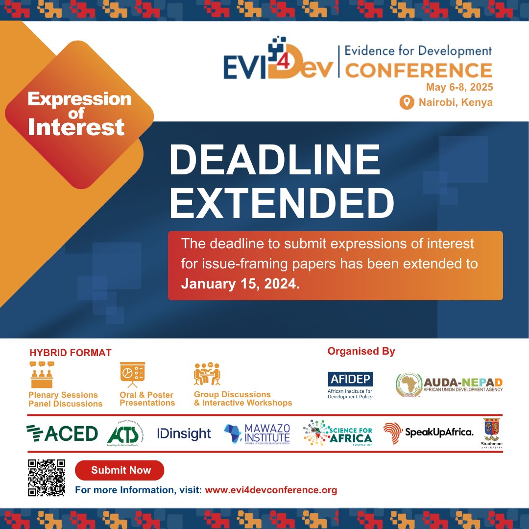 Afidep's tweet image. 🚨 Deadline Extended! 🚨

✅ Submit an issue-framing paper and seize the opportunity to shape critical discussions at the #Evi4DevConference. Your insights could play a pivotal role in accelerating Africa&apos;s development agenda and driving impactful solutions for the continent&apos;s…