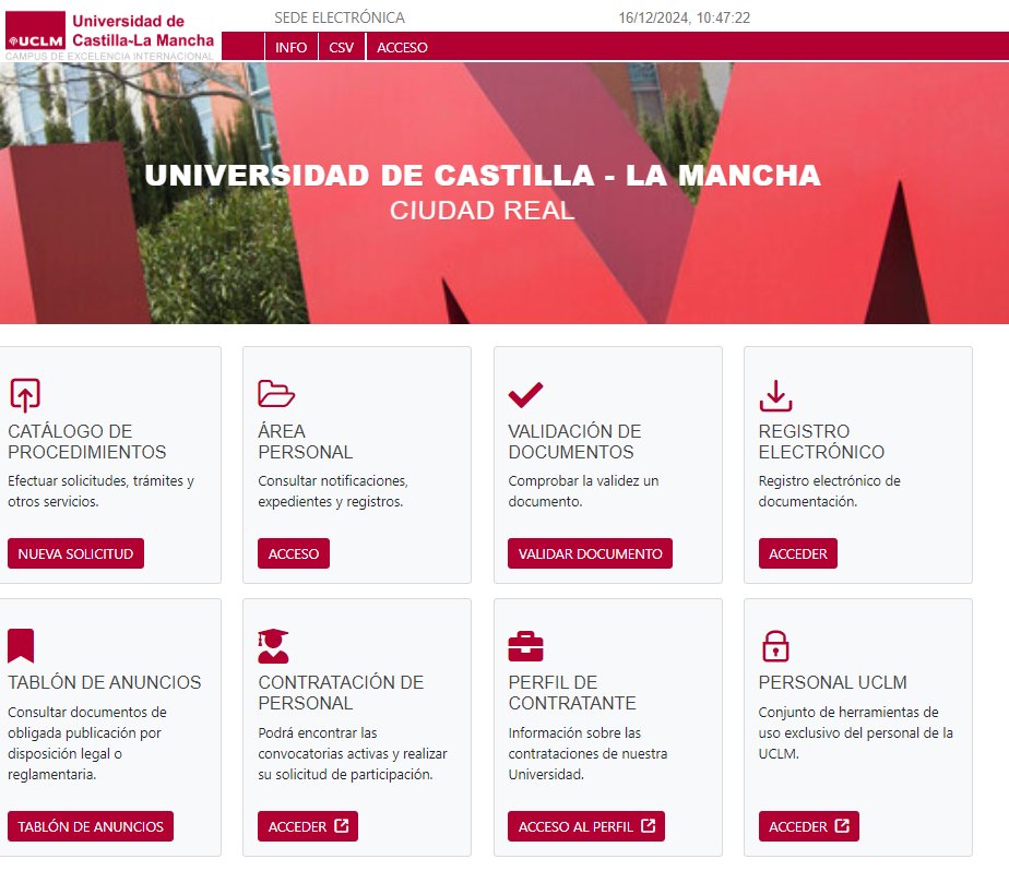 Ya se encuentra disponible la nueva sede electrónica de <a href="/uclm_es/">Universidad de Castilla-La Mancha</a> 
A lo largo del día se habilitarán progresivamente todos los procedimientos electrónicos.