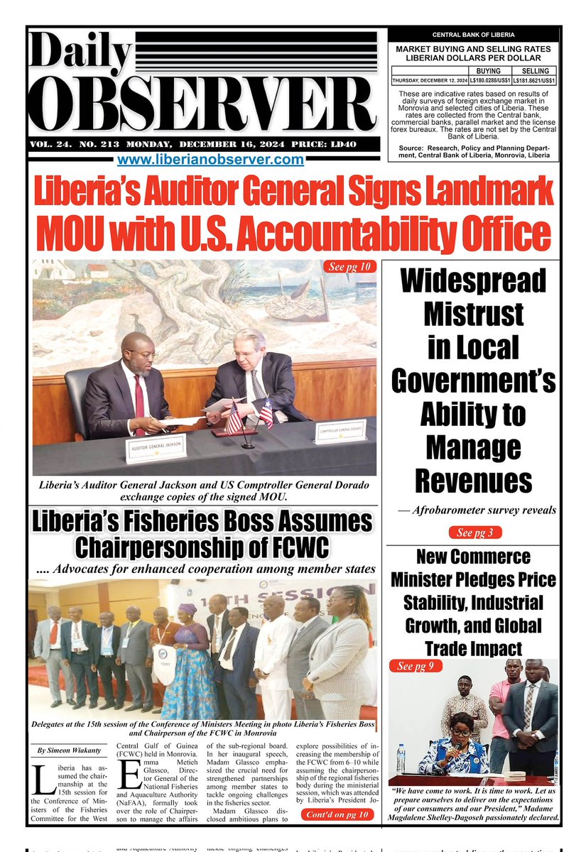 Liberianobserver.com (@libobserver) on Twitter photo #Liberia #Headlines December 16, 2024 π±π·. <a href="/GACLiberia/">GAC Liberia</a> <a href="/USGAO/">U.S. GAO</a> <a href="/NAFAA_2017/">National Fisheries & Aquaculture Authority</a> <a href="/afrobarometer/">Afrobarometer</a> #Liberia #Headlines December 16, 2024 π±π·. <a href="/GACLiberia/">GAC Liberia</a> <a href="/USGAO/">U.S. GAO</a> <a href="/NAFAA_2017/">National Fisheries & Aquaculture Authority</a> <a href="/afrobarometer/">Afrobarometer</a>