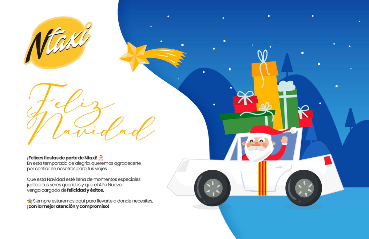 🚖 ¡𝗟𝗮 𝗺𝗮𝗴𝗶𝗮 𝗱𝗲 𝗹𝗮 𝗡𝗮𝘃𝗶𝗱𝗮𝗱 𝗹𝗹𝗲𝗴𝗮 𝗰𝗼𝗻 𝗡𝘁𝗮𝘅𝗶! 🎅

Gracias por confiar en nosotros este año y permitirnos llevarte a donde necesitas. Que estas fiestas estén llenas de alegría y el próximo año te lleve lejos. 🌟

#FelicesFiestas #FelizNavidad #Ntaxi 🚕