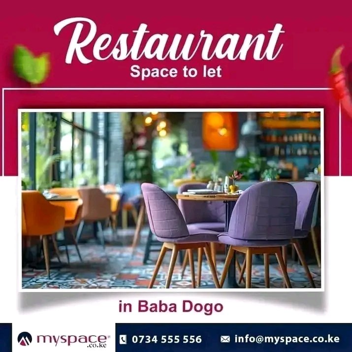 Myspace_Kenya's tweet photo. Restaurant Space Available to Let in Baba Dogo!
Looking to start or expand your restaurant business? We have a spacious and well-located restaurant space to let in Baba Dogo offering great visibility and foot traffic.  Contact us today for more details
#tolet #restaurant https://t.co/YvIAGwt9sI