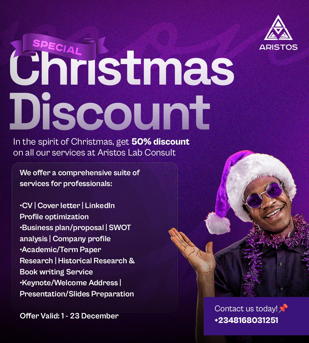 Adewale Onagbesan #GoodGovernance (@aristokratlagos) on Twitter photo The 50% DISCOUNT on all our services at <a href="/AristosLab/">Aristos Lab Consult |CV/Cover Letter|Business Plan</a> Lab all through December!📌
CV | Cover letter | LinkedIn optimization | Business plan/proposal | Company profile l Academic Writing/General Research | Keynote/Welcome Address writing | Slides/Presentation prep
Contact us now! The 50% DISCOUNT on all our services at <a href="/AristosLab/">Aristos Lab Consult |CV/Cover Letter|Business Plan</a> Lab all through December!📌
CV | Cover letter | LinkedIn optimization | Business plan/proposal | Company profile l Academic Writing/General Research | Keynote/Welcome Address writing | Slides/Presentation prep
Contact us now!