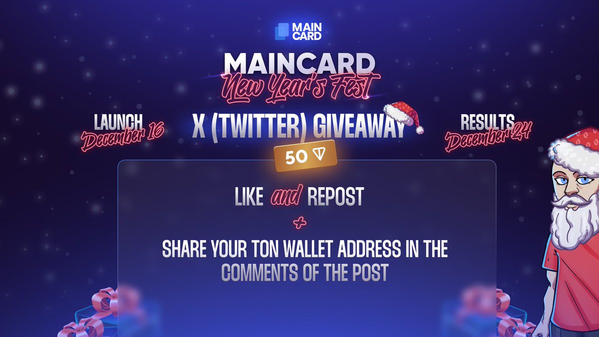 maincard_io's tweet photo. 🎄MAINCARD'S NEW YEAR GIVEAWAY IS HERE!

✅ Subscribe, make a repost + like, and leave your TON wallet address in the comments!

🎅 On Dec 24, Santa Maincard will pick 10 random lucky winners to receive 5 TON each. https://t.co/ocvZyVUxcR