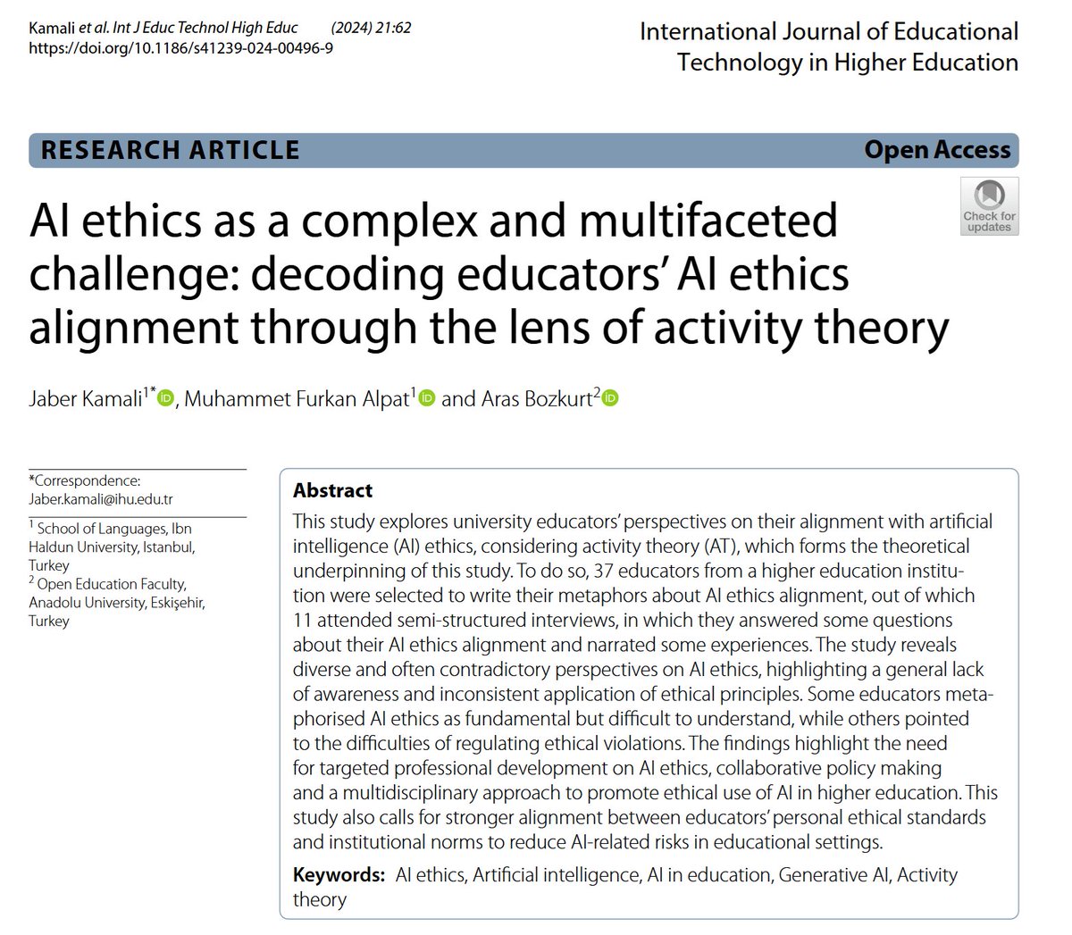 Aras Bozkurt (@arasbozkurt) on Twitter photo ▪Hot off the Press!
▪AI ethics as a complex and multifaceted challenge: decoding educators’ AI ethics alignment through the lens of activity theory
▪Jaber Kamali, <a href="/furkanalpat/">furkanalpat</a> & <a href="/arasbozkurt/">Aras Bozkurt</a> / <a href="/ETHEjournal/">ETHE Journal</a>
…naltechnologyjournal.springeropen.com/articles/10.11… ▪Hot off the Press!
▪AI ethics as a complex and multifaceted challenge: decoding educators’ AI ethics alignment through the lens of activity theory
▪Jaber Kamali, <a href="/furkanalpat/">furkanalpat</a> & <a href="/arasbozkurt/">Aras Bozkurt</a> / <a href="/ETHEjournal/">ETHE Journal</a>
…naltechnologyjournal.springeropen.com/articles/10.11…