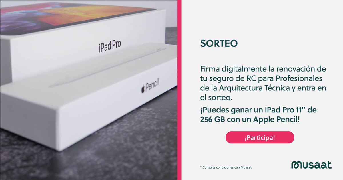 ‼️¡Últimas horas!

👉 Sorteamos un iPad Pro 11” de 256 GB con Apple Pencil entre  los mutualistas que firmen digitalmente la renovación de su seguro de RC para Profesionales de la Arquitectura Técnica antes del 17 de diciembre a las 23:59 horas.🍀

+ info: musaat.es/noticias/firma…