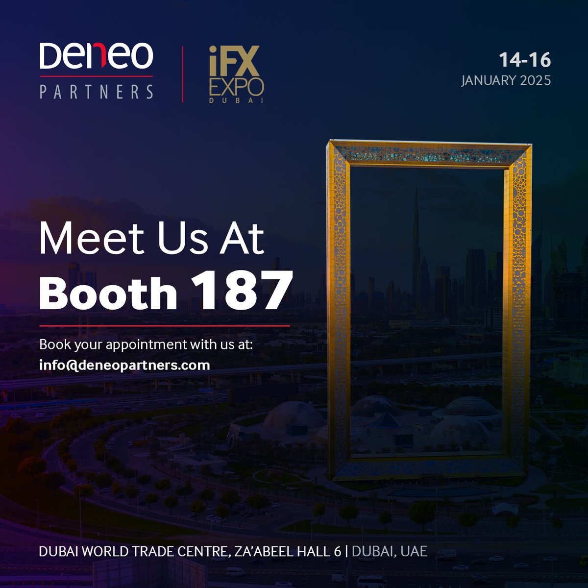 DeneoPartners's tweet photo. 📢✨@DeneoPartners are happy to announce that we'll be joining as exhibitors the upcoming @iFXEXPO Dubai in January 2025!

📌 Booth no.187
📅 14-16 January 2025
📍 Dubai World Trade Centre, Za'abeel Hall 6

📧 Contact info@deneopartners.com to schedule your one-on-one meeting https://t.co/I0MvoL4umt