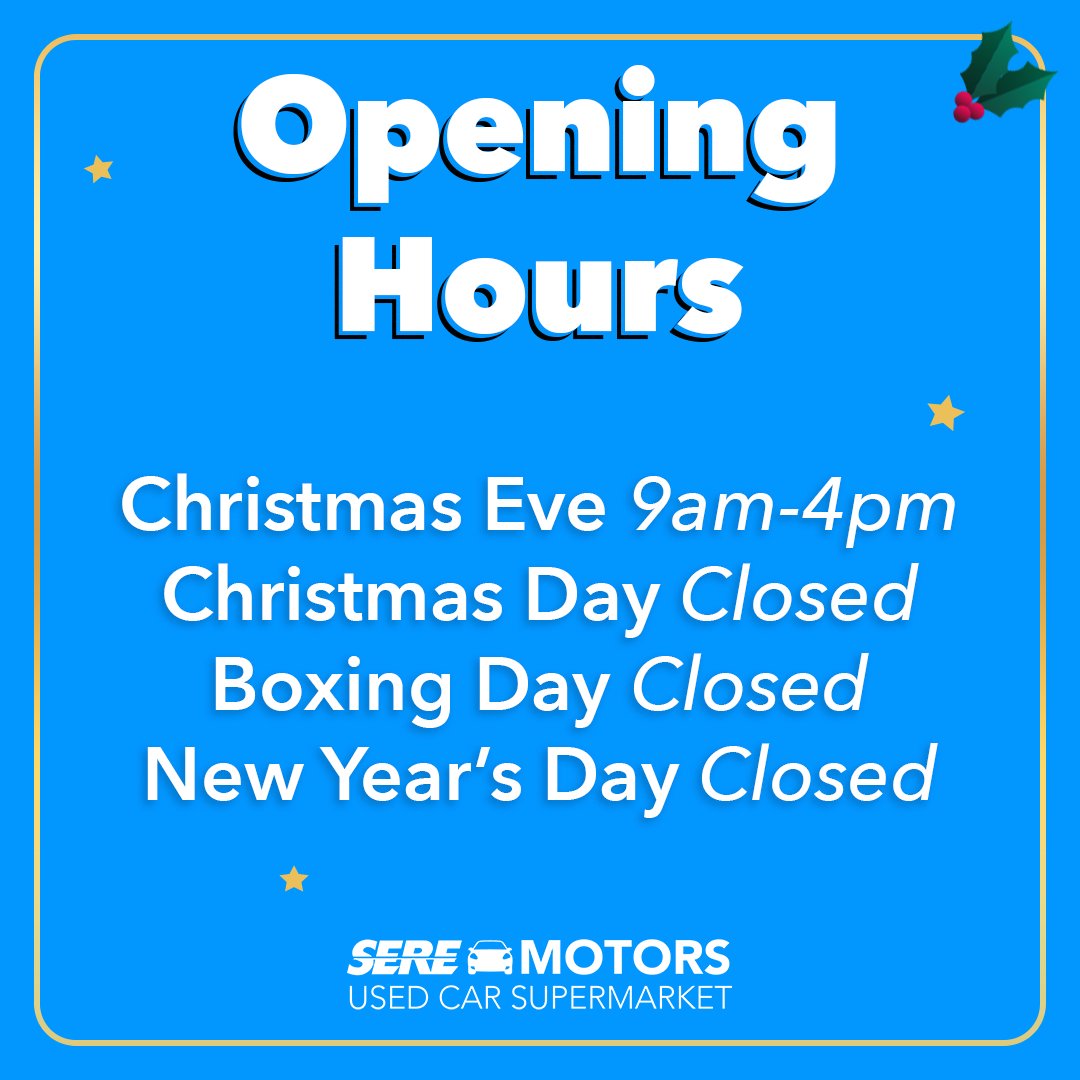 🎄✨ We hope everyone is having a wonderful festive season! 🚗🎁 Our Christmas opening hours are here to help you plan your visit over the next couple of weeks. Merry Christmas from us all at SERE Motors 🎅🏻❄️

Browse online 👉 bit.ly/3yRsjLE

#SEREMotors #OpeningHours