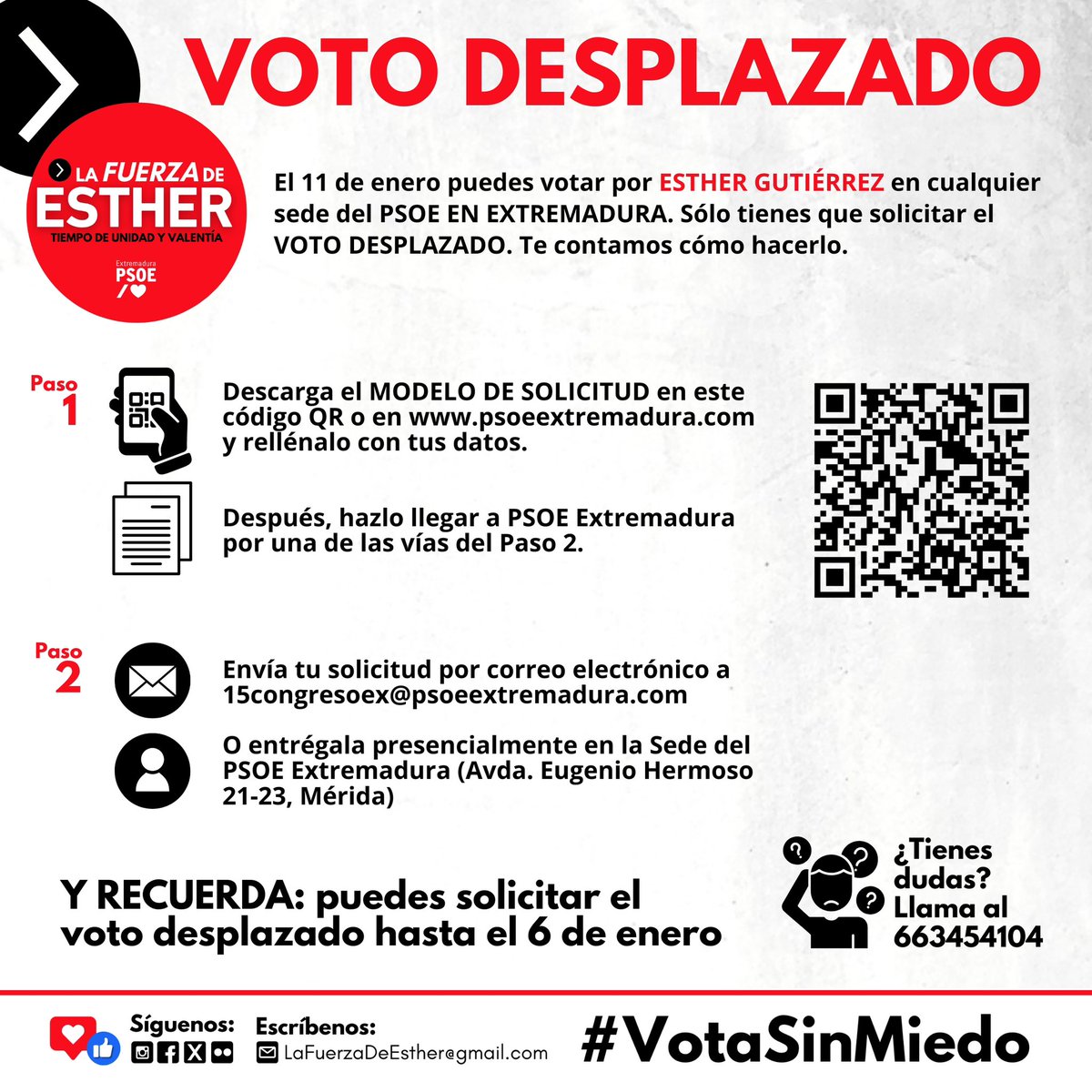 FuerzaDeEsther's tweet photo. 🗳️ El 11 de enero puedes votar por @EstherGMoran en cualquier sede del PSOE en Extremadura. Solo tienes que solicitar el #VotoDesplazado. 

🗓️Puedes solicitarlo hasta el 6 de enero. 

📄Formulario de solicitud: https://t.co/EbogYC4ka8

#VotaSinMiedo
#LaFuerzaDeEsther 🌹✊🏻 https://t.co/9Pb1rbn9wt