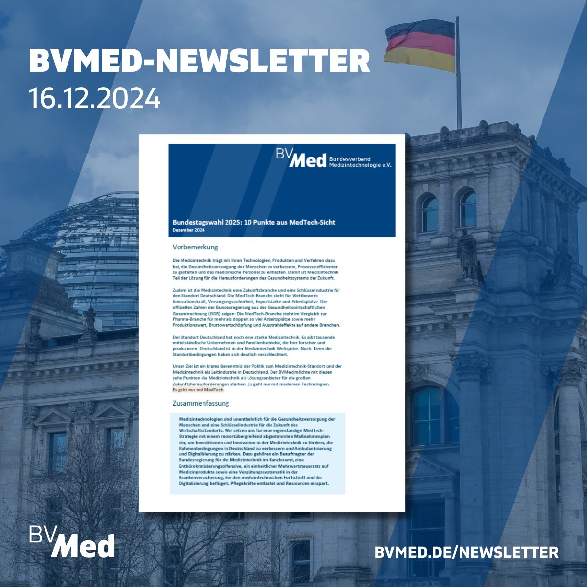 Unsere Themen im neuen Newsletter: 
▶️ #MedTech-Positionen zur #Bundestagswahl 2025
▶️ Umfrage: 90 Prozent der Deutschen für Unterstützung der industriellen #Gesundheitswirtschaft
▶️ Appell an Merz/Mützenich zur #Wundversorgung
Mehr: bvmed.de/medtechnews-24…