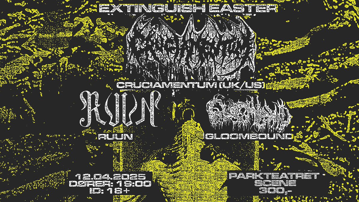 parkteatret's tweet photo. Konsertslipp! Cruciamentum + Ruun + Gloombound: Extinguish Easter | Parkteatret | 12.04
▪️ Billetter i salg nå: https://t.co/uKFWmBm2pf https://t.co/AbULCqIoBv