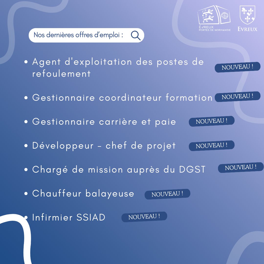 [#EMPLOI]

#Evreux et #aggloevreux recrutent !

&gt; Nouvelles offres : Agent d'exploitation des postes de refoulement
/ ...

&gt; Offres en cours :
Agent d'exploitation voirie / ...

👉 Pour postuler, envoyez votre CV et lettre de motivation ⤵️
evreuxportesdenormandie.fr/285-evreux-por…

#offreemploi