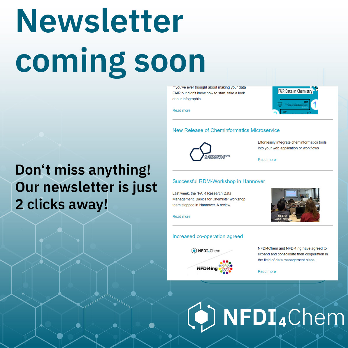 Newsletter coming soon!
Yes, you are already following us here on twitter. But honestly, we all miss a tweet from time to time.
So if you don't want to miss anything - our newsletter is just 2 clicks away.

bit.ly/3Kn5fqX 

#chemistry #chemtwitter #researchdata #rdm