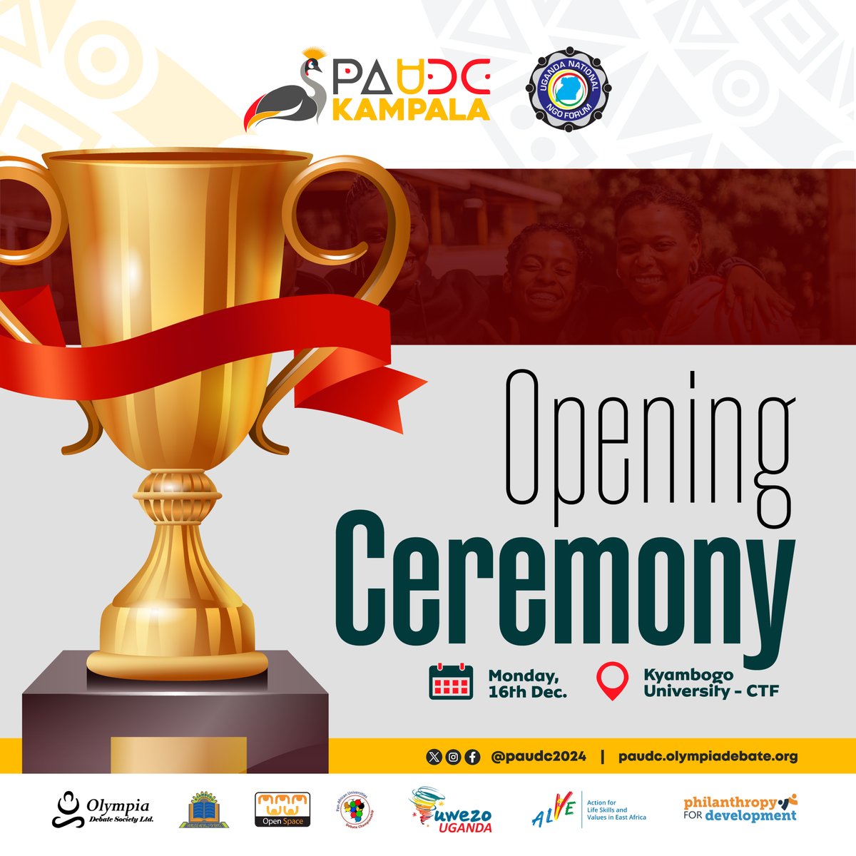 HAPPENING NOW: The #PAUDCKampala Opening Ceremony is LIVE at Kyambogo University!

The CTF Auditorium is buzzing with excitement as delegates from across Africa are welcomed to Uganda for #ThePearlExperience!

The stage is set for a week of inspiration, networking, and cultural