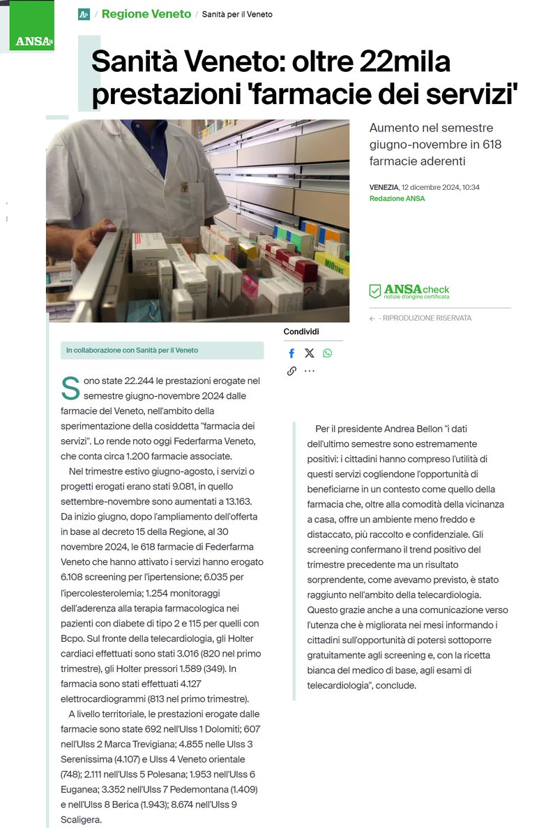 FederfarmaVene1's tweet photo. Farmacia dei servizi in #Veneto 
«I dati sono estremamente positivi. Gli screening confermano il trend del trimestre precedente ma un risultato sorprendente, come previsto, è stato raggiunto con la telecardiologia».
Andrea Bellon, presidente #FederfarmaVeneto https://t.co/a9JNnOXEfR