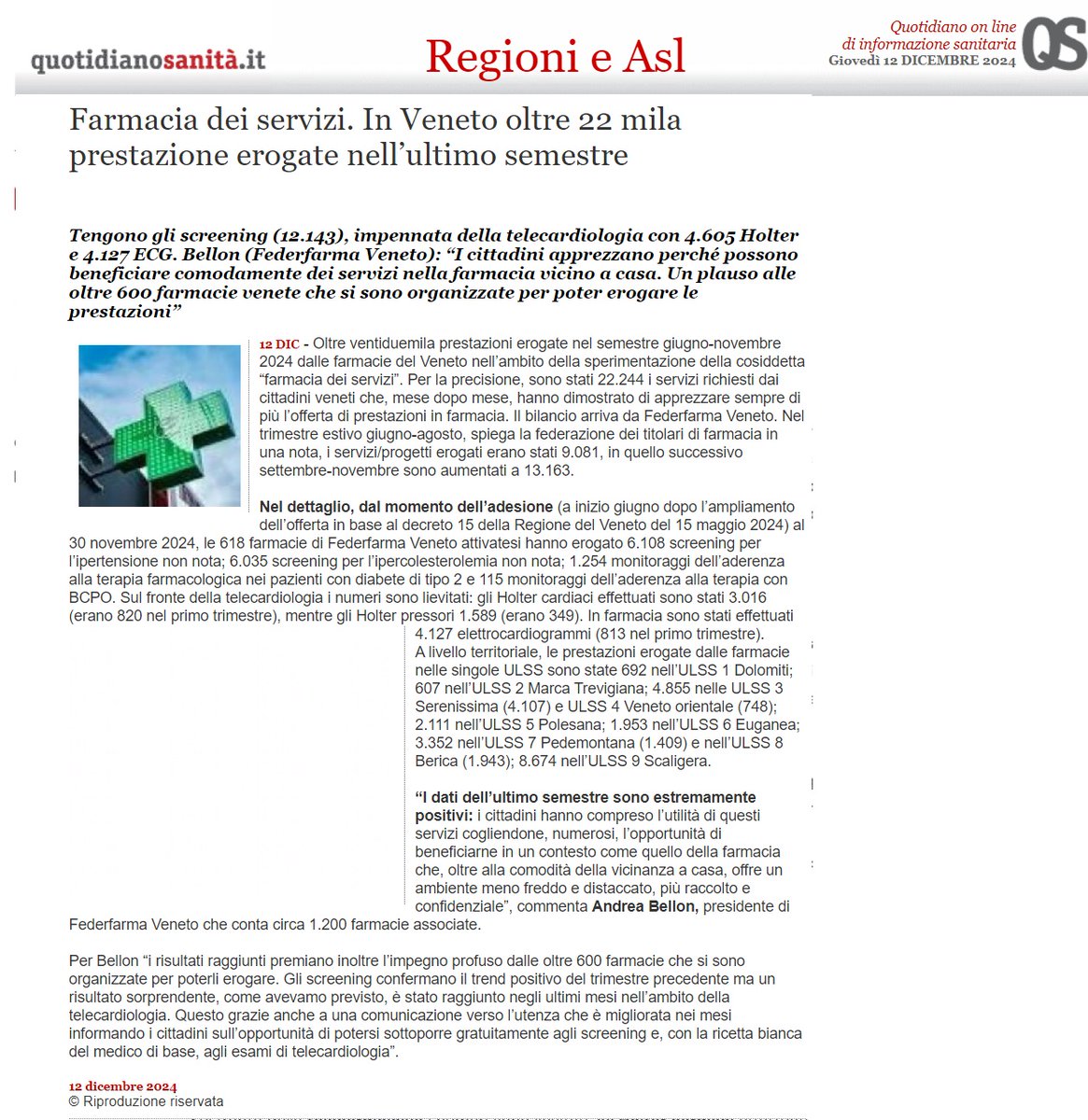 FederfarmaVene1's tweet photo. Farmacia dei servizi in #Veneto 
«I dati sono estremamente positivi. Gli screening confermano il trend del trimestre precedente ma un risultato sorprendente, come previsto, è stato raggiunto con la telecardiologia».
Andrea Bellon, presidente #FederfarmaVeneto https://t.co/a9JNnOXEfR