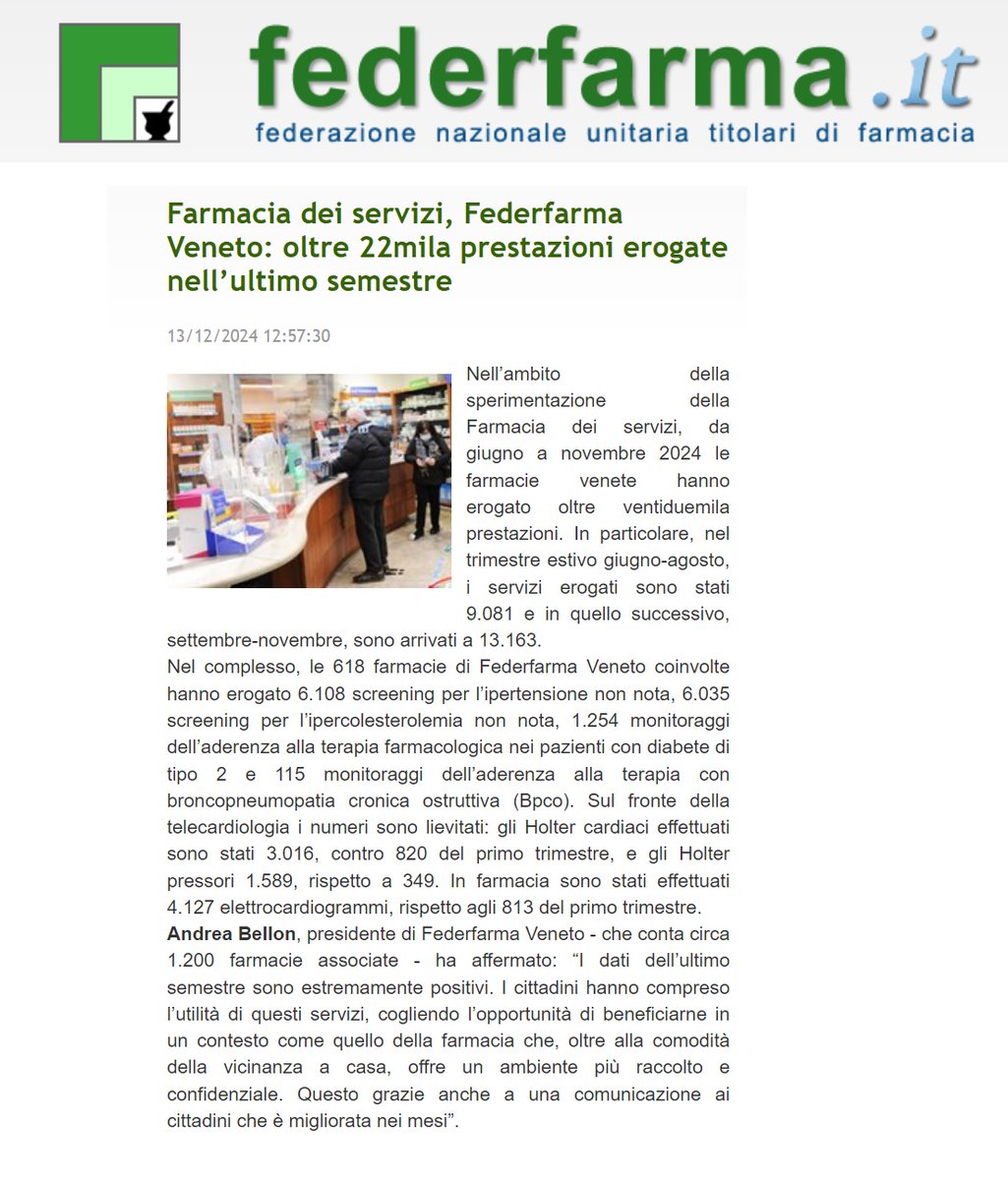 FederfarmaVene1's tweet photo. Farmacia dei servizi in #Veneto 
«I dati sono estremamente positivi. Gli screening confermano il trend del trimestre precedente ma un risultato sorprendente, come previsto, è stato raggiunto con la telecardiologia».
Andrea Bellon, presidente #FederfarmaVeneto https://t.co/a9JNnOXEfR