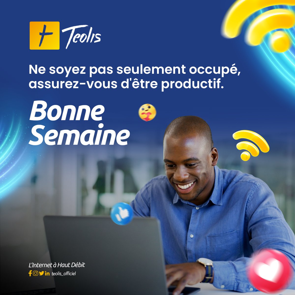 TEOLIS_Officiel's tweet photo. Pas le temps pour la procrastination !
Avec Teolis, chaque semaine est l'occasion d'accomplir de grandes choses. 💻✨
Assurez-vous d'être productif avec un internet haut débit fiable et rapide.
#Teolis #InternetRapide #Productivité #BonneSemaine #TgTwittos https://t.co/jn7fONF6zT