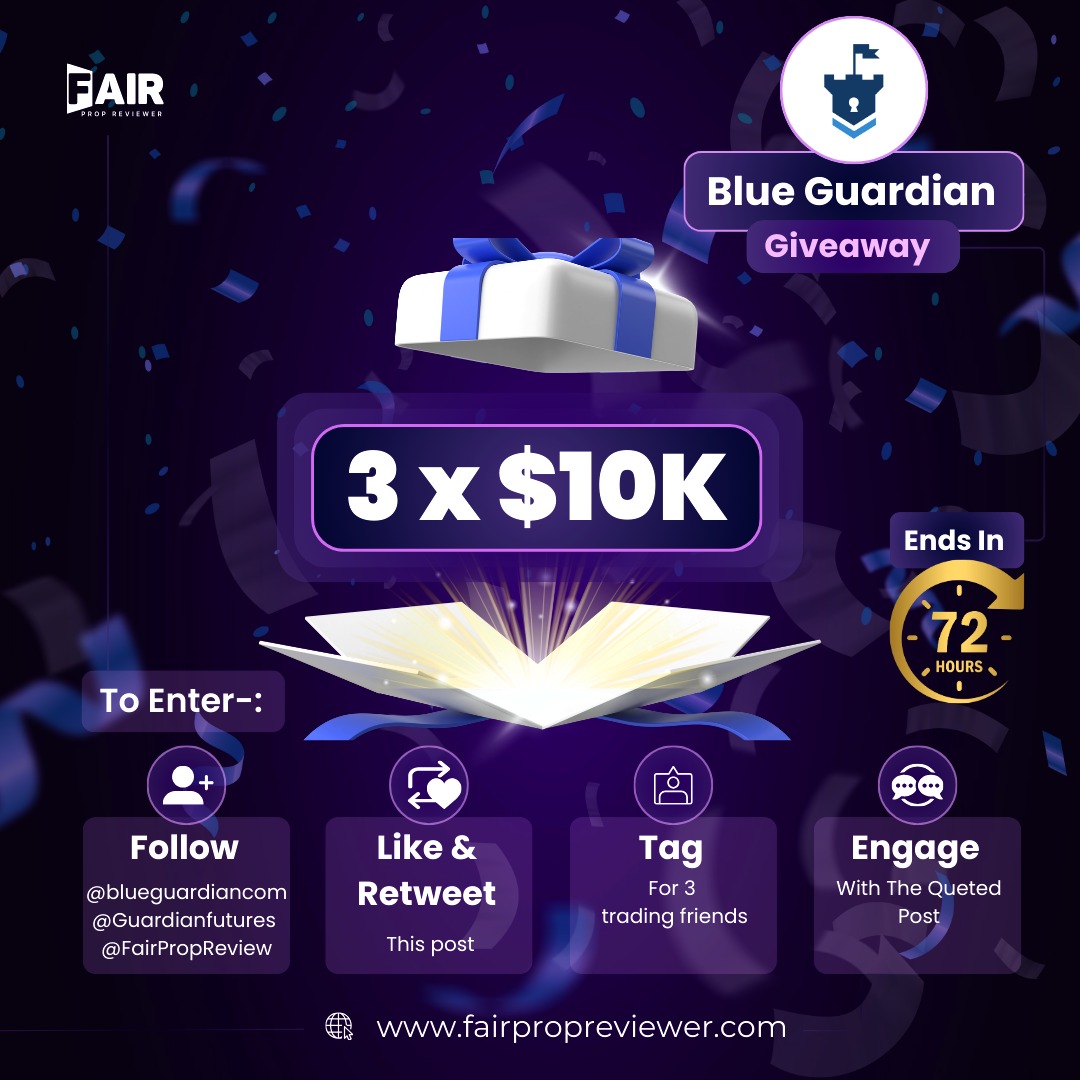FairPropReview's tweet photo. 🎉 GIVEAWAY ALERT!

Win 3 x $10K Accounts with @BlueGuardiancom !
To Enter: 
1️⃣ Follow @blueguardiancom, @Guardianfutures & @FairPropReview
2️⃣ Like, Retweet, and Tag 3 traders who would love this!
3️⃣ Engage with the quoted post

🏆 Winners will be picked in just 72 hours.
#FairPropReviewer #BlueGuardian #Giveaway #PropFirm #TradingChallenge