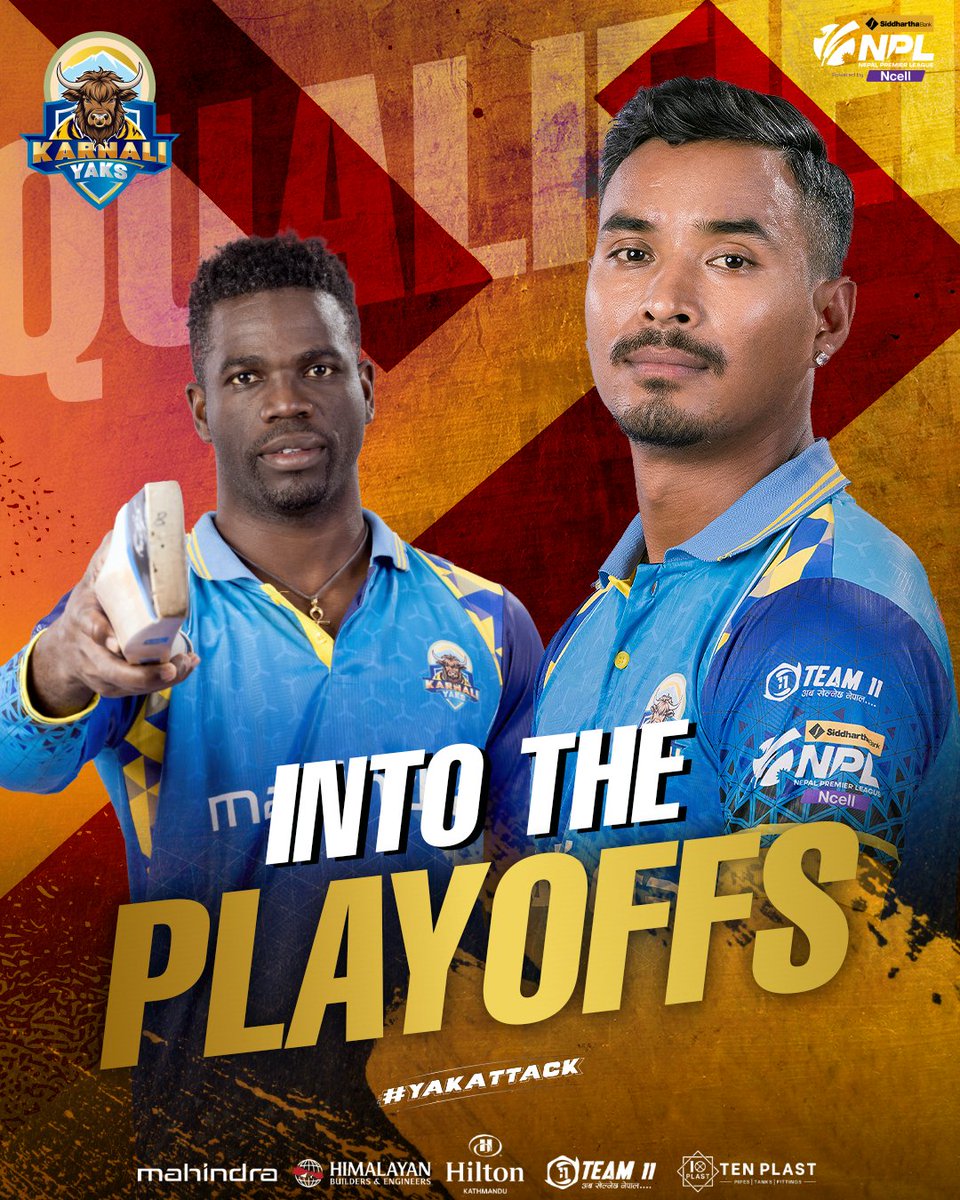 KarnaliYaks's tweet photo. Into the PLAYOFFS! The ghosts of mountains are unstoppable. β‘
#karnaliyaks #yakattack #karnaliyakssquad #SBLNPL #NepalCricket #Mahindra #agnigroup #team11 #tenplast #hiltonkathmandu https://t.co/JpccetZXLO