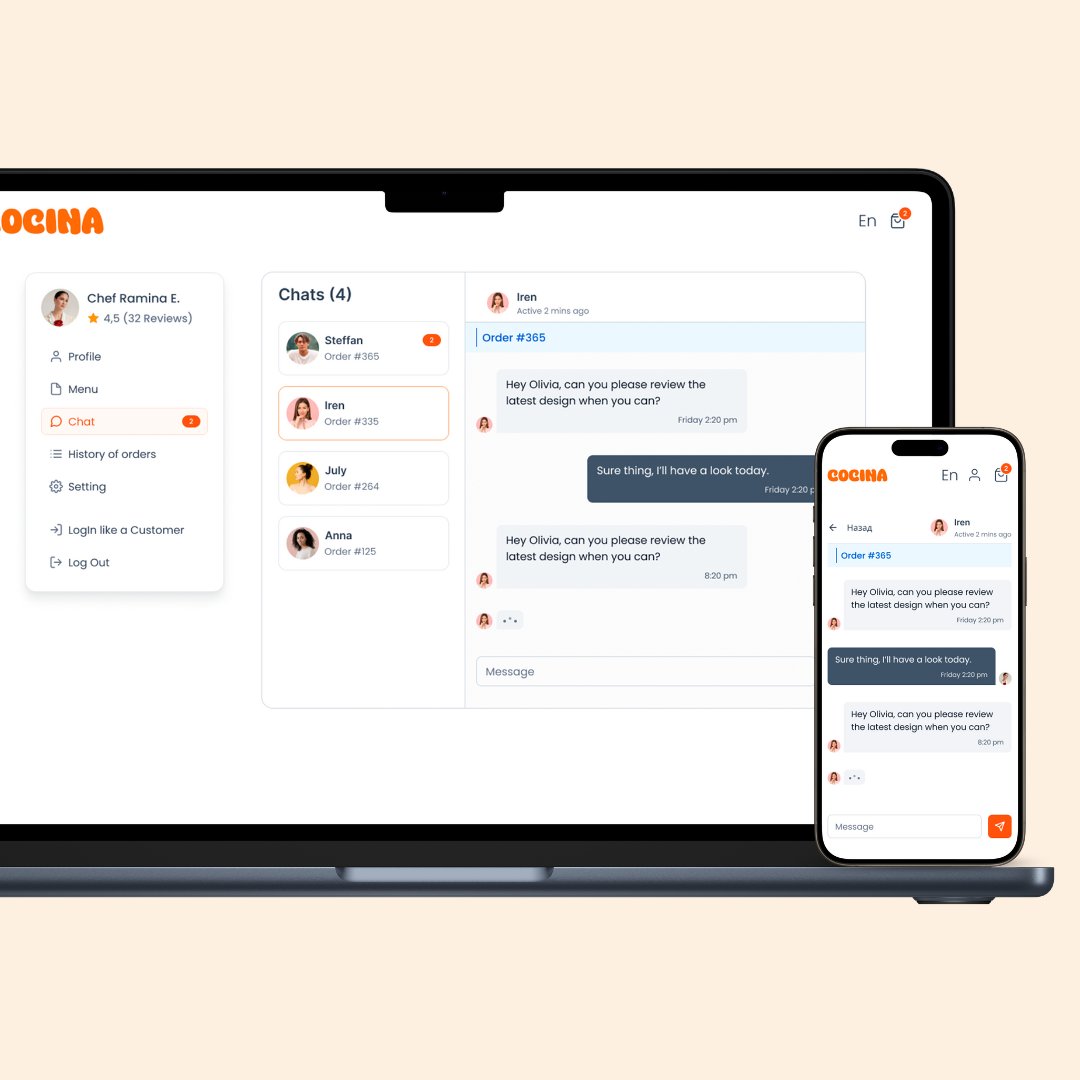 Coderfycom's tweet photo. Chef’s Chat for Cocina’s Food Ordering Platform. Our Miami web designers crafted this sleek and intuitive chat interface for the Cocina platform, enhancing communication between chefs and their customers. 
https://t.co/9g0JwnDjzT https://t.co/0vSX2IeynA