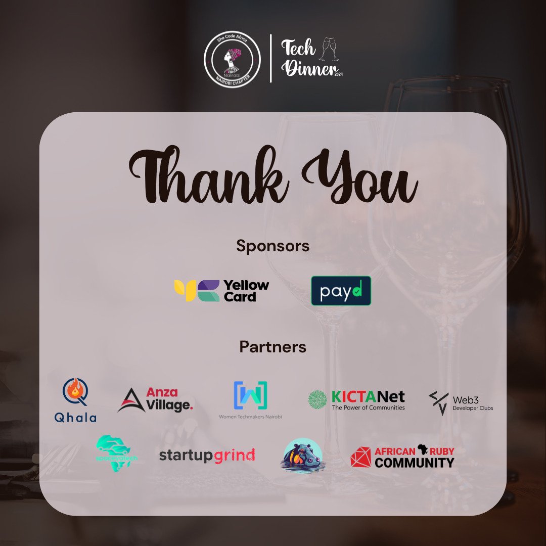 SCA-Nairobi (@scanairobi) on Twitter photo ๐ Thank you to everyone who made the Tech Dinner 2024 a success
From our incredible attendees& insightful panelists to our generous sponsors & dedicated organizersโyou made this unforgettable
Together weโre shaping the future of the tech ecosystem
<a href="/paydhq/">Payd HQ</a> <a href="/DrShikoh/">Shikoh Gitau</a>
<a href="/Web3Clubs/">Web3 Developer Clubs</a> ๐ Thank you to everyone who made the Tech Dinner 2024 a success
From our incredible attendees& insightful panelists to our generous sponsors & dedicated organizersโyou made this unforgettable
Together weโre shaping the future of the tech ecosystem
<a href="/paydhq/">Payd HQ</a> <a href="/DrShikoh/">Shikoh Gitau</a>
<a href="/Web3Clubs/">Web3 Developer Clubs</a>
