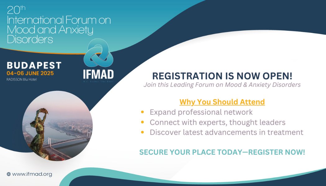 Registration Open for #IFMAD25! 🚨
Join us at the 20th Forum on #Mood &amp; #Anxiety Disorders in Budapest (4-6 June 2025)
• Connect with experts
• Explore cutting-edge research on depression, anxiety &amp; treatments
Register now ➡️ifmad.org/2025/?page_id=…

#MentalHealth #Psychiatry