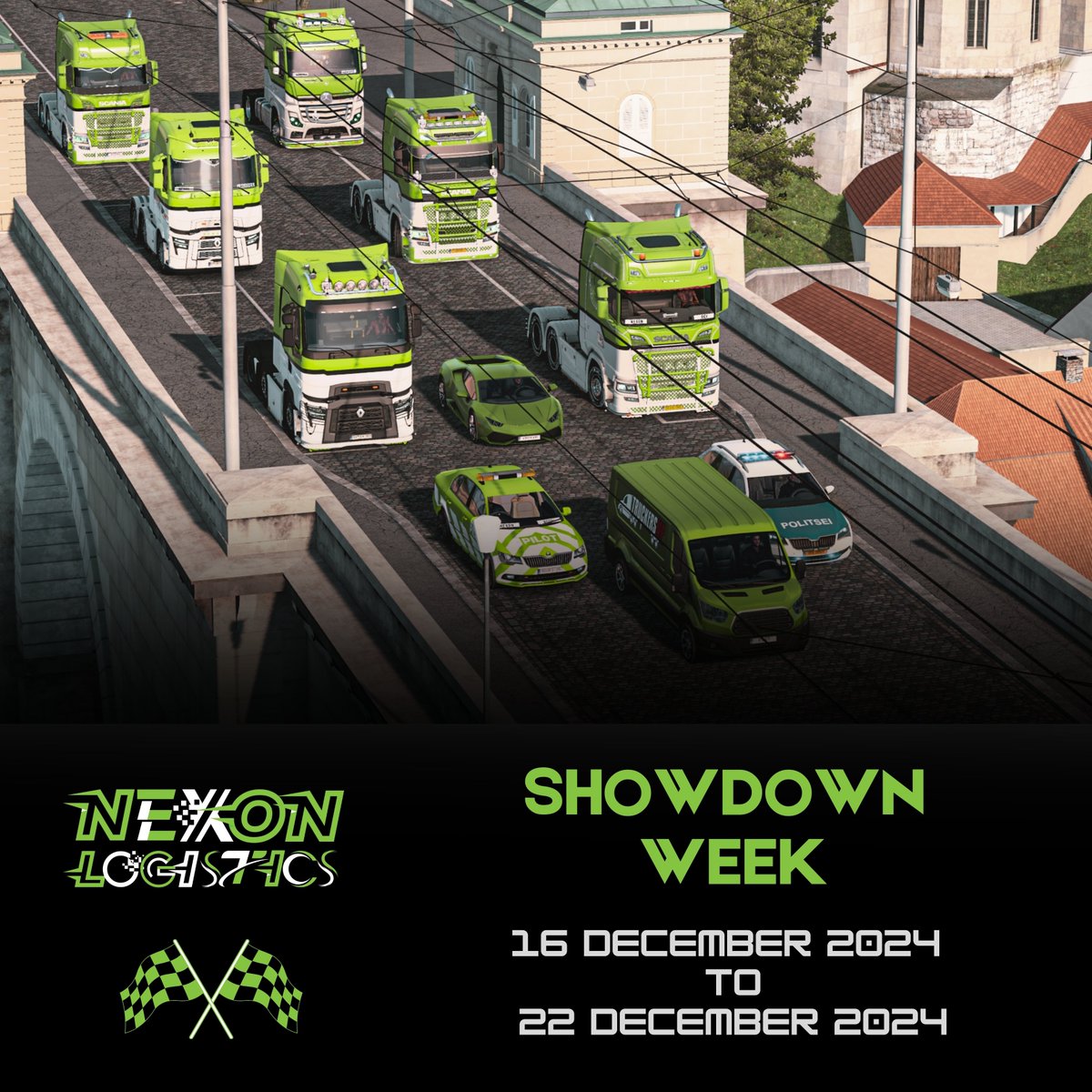 NexonLogistics's tweet photo. Get ready for Showdown Week! 🚛🎉 We'll kick off with Truckfest on Monday, then dive into the Reverse Parking Challenge, Heavy Cargo Convoy, Truck Race, Place Finder, Relay Race, and wrap up with an epic 12-hour convoy. An action-packed week of fun and camaraderie awaits! ✨#ETS2 https://t.co/UJd963veKf