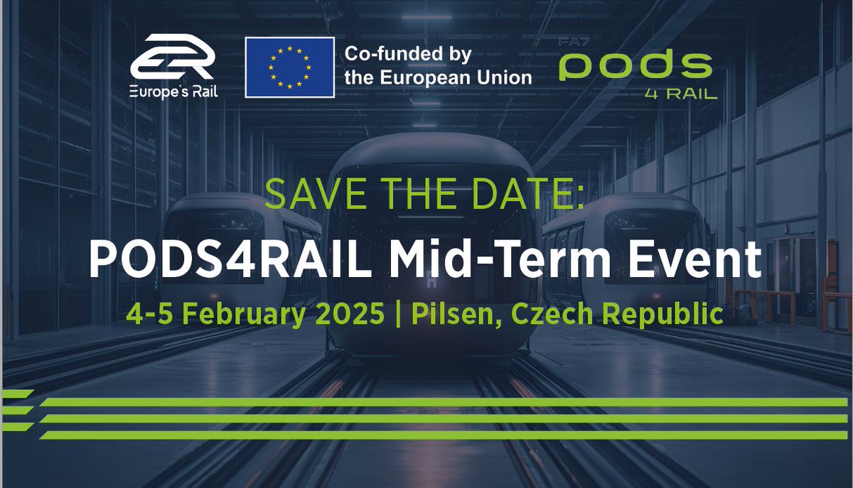 Europe's Rail JU (@eurail_ju) on Twitter photo 📢On 4-5 February our #EU_Rail project, PODS4Rail, will be in Pilsen🇨🇿 for their mid-term event.
The event will be a chance to reflect on the project’s achieved milestones, while setting goals for the second half of the project period.
ℹ️Find out more: pods4rail.eu/mid-term-event… 📢On 4-5 February our #EU_Rail project, PODS4Rail, will be in Pilsen🇨🇿 for their mid-term event.
The event will be a chance to reflect on the project’s achieved milestones, while setting goals for the second half of the project period.
ℹ️Find out more: pods4rail.eu/mid-term-event…