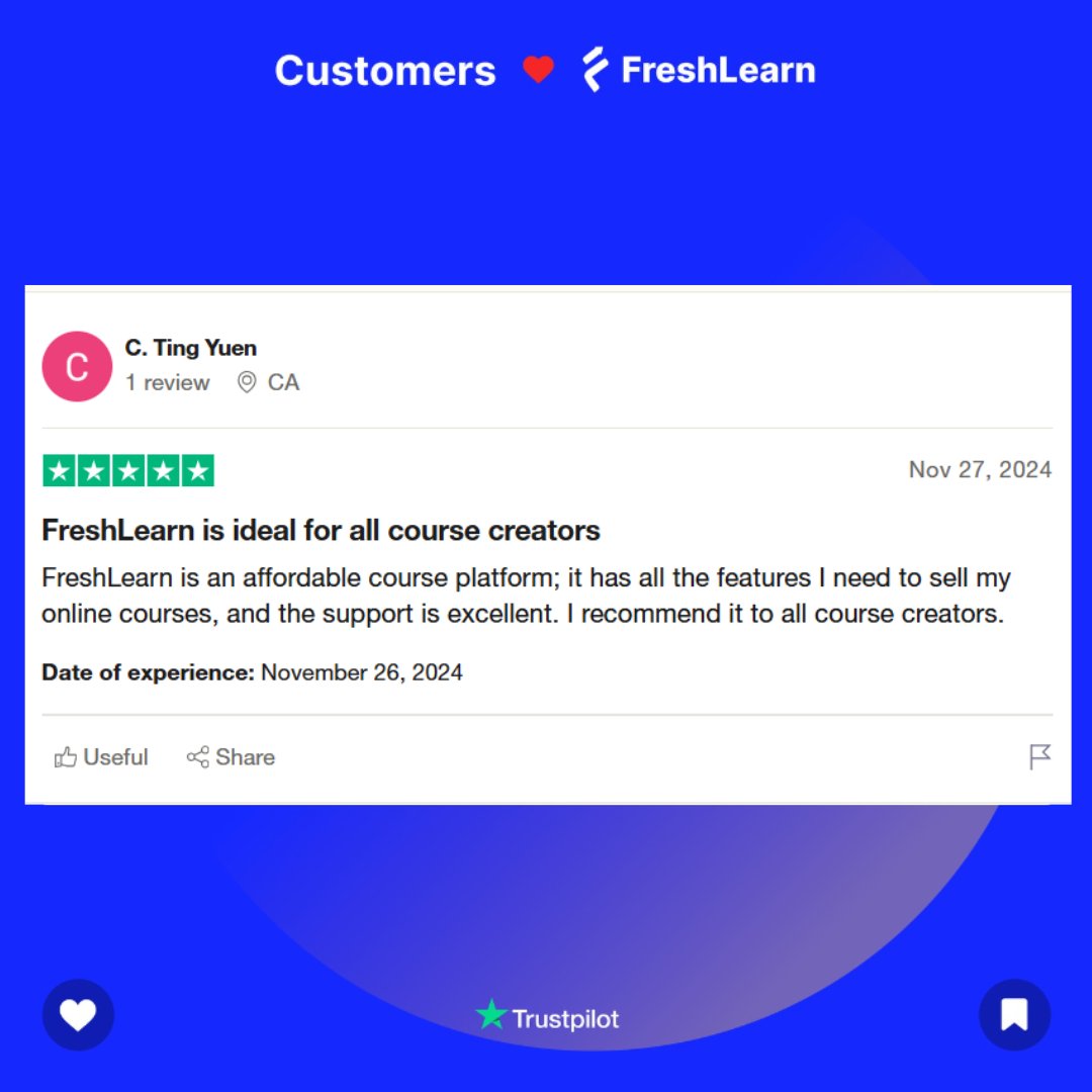 FreshLearnHQ's tweet image. 🎉Here&apos;s a 5-star review from FreshLearn user C. Ting Yuen:

FreshLearn is the perfect platform for course creators! Affordable, packed with features, and amazing support. I highly recommend it!

Ready to elevate your online course business?  freshlearn.com

#FreshLearn
