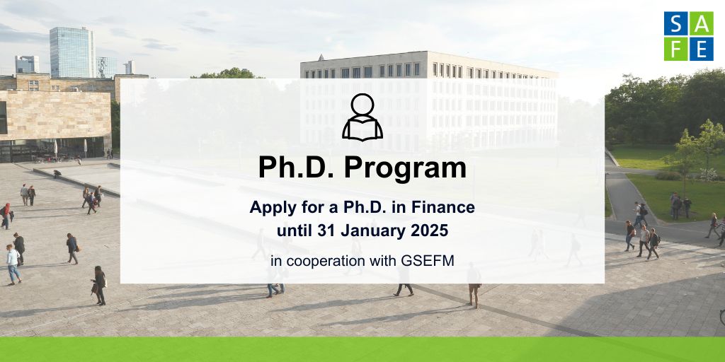 SAFE_Frankfurt's tweet photo. 👀We are looking for ph.D. students in Finance!

SAFE offers full funding for excellent candidates throughout the program in cooperation with @GSEFM1 .

Applications are reviewed in three stages, first deadline is 31 January.

👉Learn more: https://t.co/NlKLCd1rsq #EconTwitter https://t.co/wI1w7kHHd2