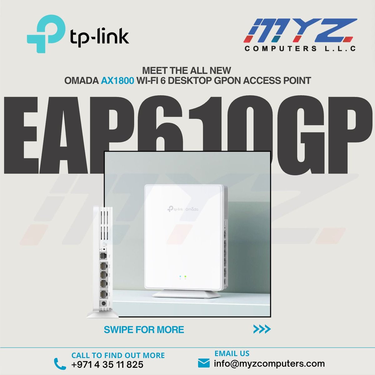 myzllc's tweet photo. TP-LINK EAP610GP

Omada AX1800 Wi-Fi 6 Desktop GPON Access Point

#TPLinkEAP610GP #WiFi6 #AX1800 #GPONAccessPoint #UltraBroadband #SmartWiFi #HighSpeedInternet #VoIP #SeamlessConnectivity #NetworkingSolutions #TechInnovation #ITsolutions #NetworkEngineering #Telecom#DubaiIT https://t.co/WQeMLHbeOy