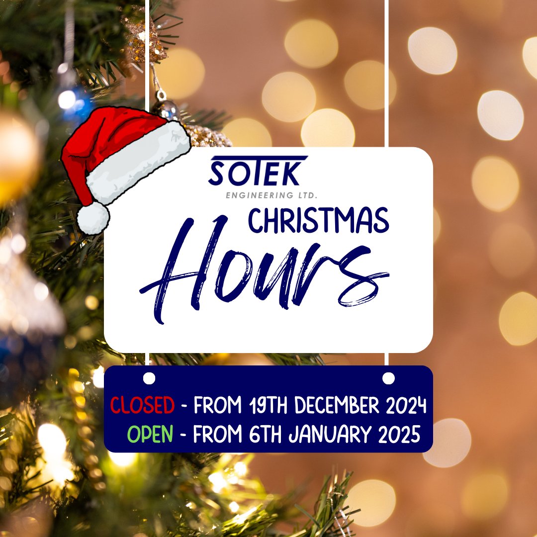 Sotek_mfg's tweet photo. Sotek Christmas Opening Hours👇🎄

We are open this week until 12pm on Thursday 19th and we will be closed then until Tuesday the 6th of January!

#openhours #christmas #newyear #ukmfg #ukmanufacturing #supportukmfg https://t.co/tCnUnYv0Ue