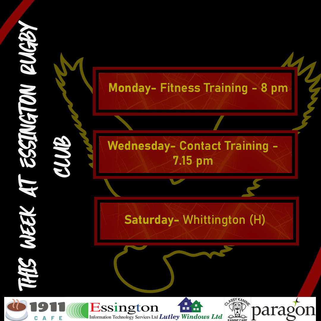 EssingtonRUFC's tweet photo. 🏉𝗧𝗵𝗶𝘀 𝘄𝗲𝗲𝗸 𝗮𝘁 𝗘𝘀𝘀𝗶𝗻𝗴𝘁𝗼𝗻 𝗥𝘂𝗴𝗯𝘆 𝗖𝗹𝘂𝗯​🏉

𝑴𝒐𝒏𝒅𝒂𝒚- Fitness Training at 8pm. All members welcome.

𝑾𝒆𝒅𝒏𝒆𝒔𝒅𝒂𝒚 - Contact Rugby Training at 7.15pm, New players 18+ welcome

𝑺𝒂𝒕𝒖𝒓𝒅𝒂𝒚- Essington face Whittington RFC at Home . https://t.co/Wbrpj2646I