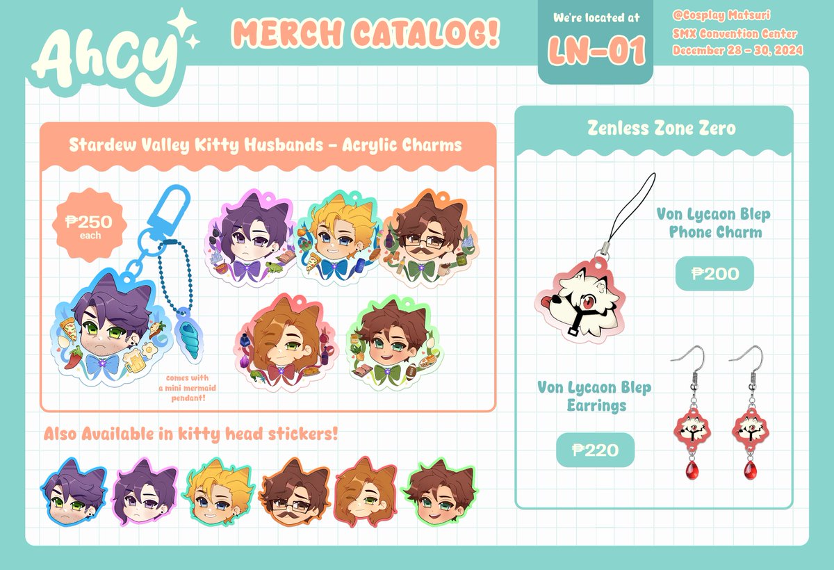 ahcy_draws's tweet photo. [Likes &amp; RTs are ❤️✨]

Here is my COSMATSU 2024 catalog! :3
I'll be with my besties @eriry_art, @Kkairaaa, and @RavenCrause at LN-01!

SEE YOU ALL!!
ଘ(੭*ˊᵕˋ)੭ ੈ✩‧₊˚

Fandom Merch:
- Stardew Valley 
- ZZZ
- Miffy

#FanFairAtCosplayMatsuri2024
#CosplayMatsu2024 
#Cosmatsu2024 https://t.co/c7fLW4VFT8