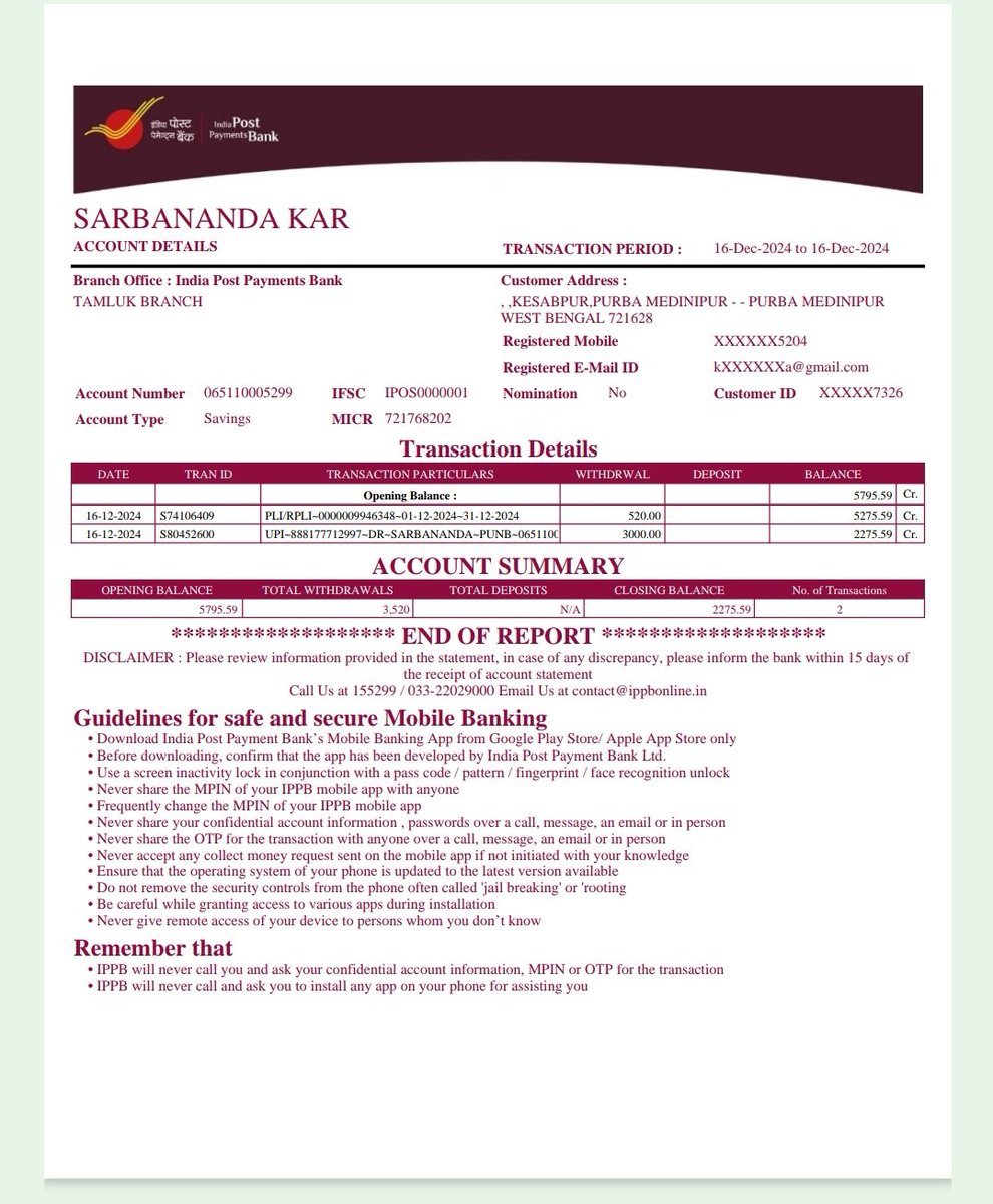 Sarbananda Kar (@karsarbananda) on Twitter photo Money ( Rupees 3000) has been deducted from IPPB Account with UTR NO 888177712997 on 16/12/2024. But the deducted amount has not been credited to the beneficiary account till now. Please look into the matter. <a href="/IPPBOnline/">India Post Payments Bank</a> <a href="/IndiaPostOffice/">India Post</a> <a href="/FinMinIndia/">Ministry of Finance</a> Money ( Rupees 3000) has been deducted from IPPB Account with UTR NO 888177712997 on 16/12/2024. But the deducted amount has not been credited to the beneficiary account till now. Please look into the matter. <a href="/IPPBOnline/">India Post Payments Bank</a> <a href="/IndiaPostOffice/">India Post</a> <a href="/FinMinIndia/">Ministry of Finance</a>
