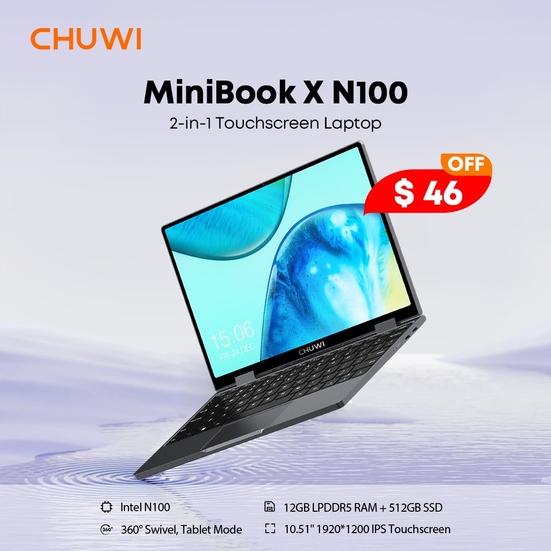 chuwidotcom's tweet photo. 🎄 Save $46 instantly on the MiniBook X N100 or join our Lucky Draw for more savings! 
✨10.51" 1920*1200 IPS | 360° Hinge | Intel N100 | 12GB RAM + 512GB SSD | Windows 11 | Just 920g
🛍️ Ends Dec 26, 2024 PST. 
https://t.co/tAtXA952HG
#chuwi #minibookx #christmas #laptopdeals https://t.co/gwgWv0vu3x