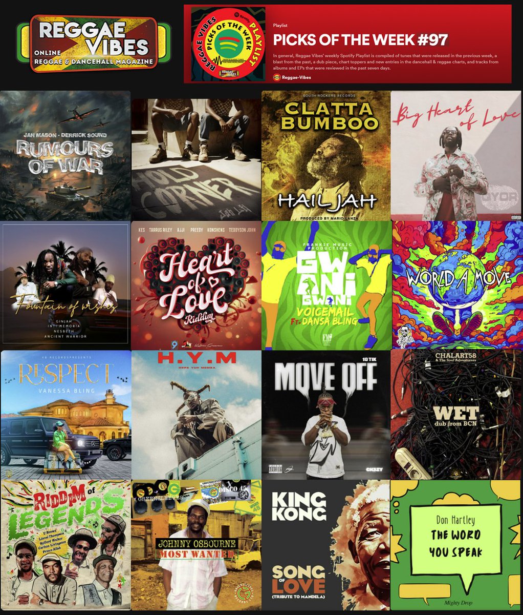 REGGAE VIBES SPOTIFY PLAYLIST #97
Enjoy listening to these and other tunes that are featured on this week's Reggae Vibes Spotify playlist: PICKS OF THE WEEK, compiled by the Reggae Vibes crew.
#JahMason #JahLil #JahDecko #CaliP #LutanFyah #YoungIsraelites
open.spotify.com/playlist/47XMv…